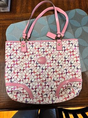 Coach Pink heart Signature Canvas Tote Bag